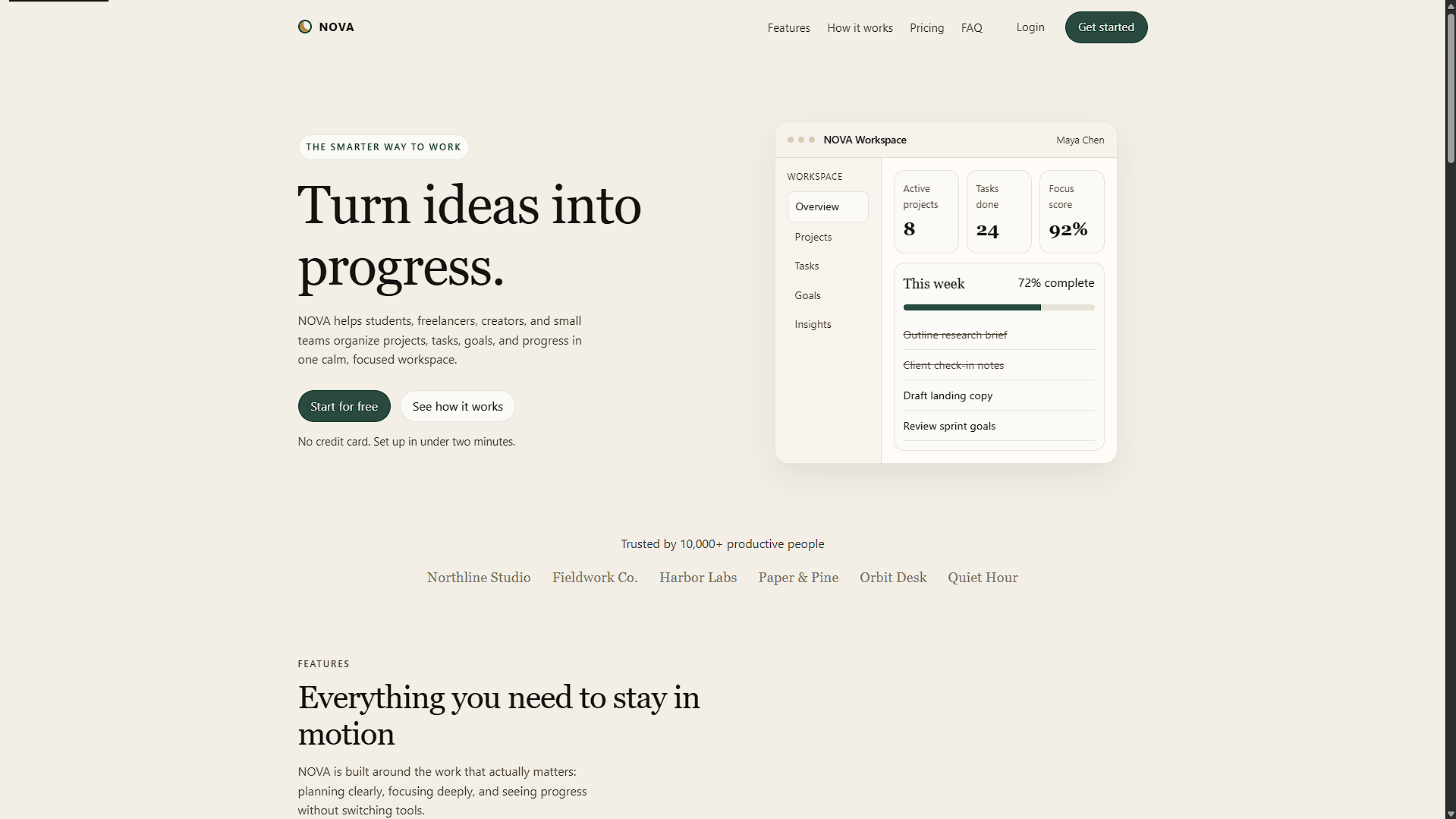 Screenshot della landing page Nova